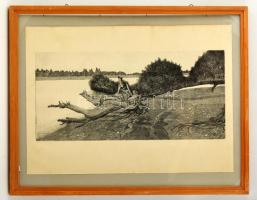 Nyári Lóránt (1928-1982): Horány sziget. Rézkarc, papír, jelzett, üvegezett keretben, 26×54 cm