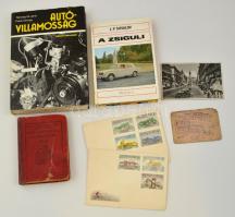 cca 1948-1980 Autózással kapcsolatos papírrégiség tétel(Budapest útiránymutató zsebkönyve, gépjárműadó lap, autós képeslap, A zsiguli, Autóvillamosság)