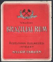 cca 1910 Valódi Braziliai Rum, italcímke, Salgótarján, Acélgyári Élelmezési Intézet, Bp., Reidner Chromolithográfiai Műintézete, kis sérüléssel, 10x8 cm.