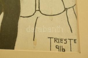 Trieste jelzéssel: Kislány piros ruhában. Vegyes technika, papír, üvegezett keretben, 20×13 cm