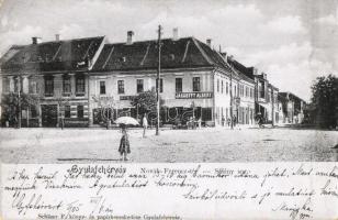 Gyulafehérvár, Alba Iulia; Novák Ferenc tér, Jakabffy Albert és Gestalter üzlete / square, shops
