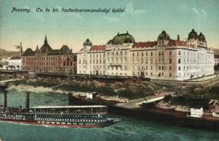 Pozsony, Pressburg, Bratislava; Hadtestparancsnokság épület, gőzhajó / army headquarters, steamship