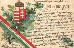 Éljen a magyar! magyar címeres és zászlós patrióta propaganda lap / Hungarian patriotic propaganda card, floral, Emb. litho