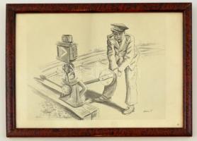 Váltókezelő, nyomat, üvegezett fa keretben, 23×33 cm