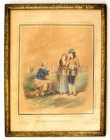 cca 1880 Kártyajós, színezett litográfia, foltos, üvegezett fa keretben, 35×27 cm