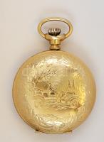 Antik hatású aranyszínű modern zsebóra, automobil és szarvas jelenettel, működőképes állapotban, d: ...