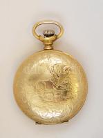 Antik hatású aranyszínű modern zsebóra, automobil és szarvas jelenettel, működőképes állapotban, d: ...