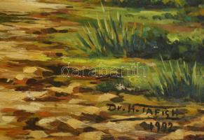 Tafish jelzéssel: Házak az erdőben. Olaj, farost, festék hibákkal, keretben, 31×36 cm