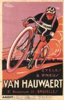 Cycles & Pneus Van Hauwaert, Bruxelles, Boulv. Baudouin 32 / Belgian bicycle and tire shop advertisement art postcard s: Cello (EK)