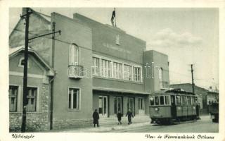 Újdiősgyőr, Diósgyőr (Miskolc); Vas- és Fémmunkások Otthona, villamos, Makay fényképész kiadása (EK)