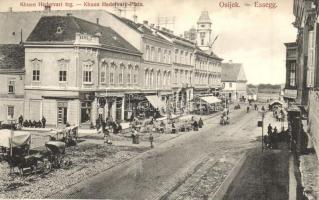 Eszék, Esseg, Osijek; Khuen-Héderváry tér, piac, étterem terasz. Eugenie Pollak kiadása / Khuen Hedervary trg / square, market restaurant terrace