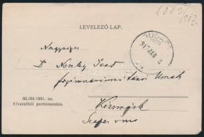 Lóczy Lajos (1849-1920) geológus aláírása, Magyar Királyi Földtani Intézet fejléces levelezőlapon