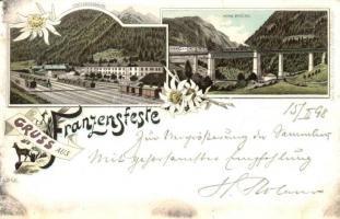 1898 Fortezza, Franzensfeste (Tirol); Stationsgebäude, Höhe Brücke / railway station, bridge, floral, Art Nouveau, litho. Gebr. Metz Kunstverlag