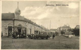 Jászberény, Kőhíd környéke, Farkas A. J. kereskedése, Jászberény-Nagykáta helyközi autóbusz, Novotha Andor kiadása (EK)