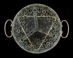 Háromrészes üveg kínáló, fém tartóban, hibátlan, d: 19 cm