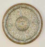 Ötrészes üveg kínáló, díszes fém tartóban, hibátlan, d: 28,5 cm