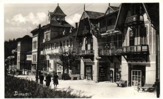 Borszék, Borsec; Fő tér, Grohs Ernő üzlete, Heiter György üzlete és eredeti felvétele / main square, shops