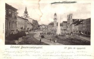 Besztercebánya, Banska Bystrica; IV. Béla tér, szökőkút, gyógyszertár, Dragonszky József üzlete, Ilona műintézet kiadása / square, fountain, pharmacy, shops (fl)