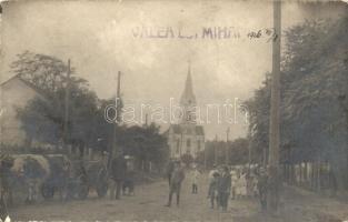 1926 Érmihályfalva, Valea Lui Mihai; utcakép ökörszekérrel, templom / street view, oxen carriage, church, photo