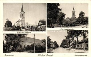 Csúz, Cúz, Dubník; Római katolikus és református templomok, leventeotthon, községháza, fogy. szövetkezet kiadása / churches, building of the Hungarian youth paramilitary organization Levente, town hall (EK)