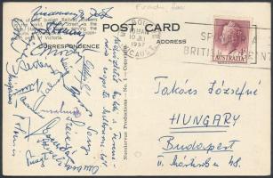 1957 A Fradi csapattagjainak aláírása képeslapon(Gulyás, Orosz, Mészáros, Borsos, Gerendás, Kertész, stb.)