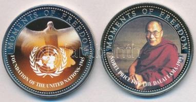 Libéria 2001. 10$ "Szabadság pillanatai - Az ENSZ megalapítása 1945" multicolor + 10$ "Szabadság pillanatai - A Nobel-díjas Dalai Lama 1989" multicolor T:PP,1 fo. Liberia 2001. 10 Dollars "Moments of Freedom - Foundation of the United Nations 1945"  multicolor + 10 Dollars "Moments of Freedom - Nobel Price for the Dalai Lama 1898" multicolor C:PP,UNC spotted