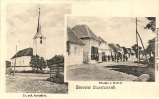 Olasztelek, Talisoara; Református templom, Fő út, üzlet. Habermann K. fényképész / church, street, shop