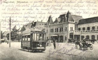 Nagyvárad, Oradea; vasútállomás, 22-es sorszámú villamos / railway station, tram  (Rb)