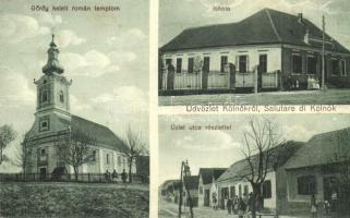 Kölnök, Calnic; Görög keleti román templom, iskola, utcakép üzlettel. Jovicza Miklósné kiadása / church, school, street, shop (fl)