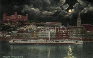 Pozsony, Pressburg, Bratislava; Látkép este, vár, gőzhajó / general view at night, castle, steamship