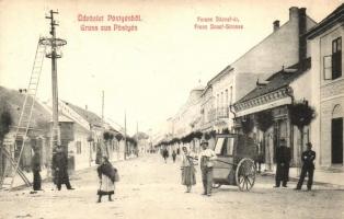 Pöstyén, Piestany; Ferenc József út, férfi riksával, villanyoszlop létrával. Gipsz H. kiadása / street view with rickshaw, electric pylon with ladder (EK)