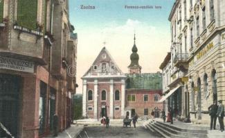 Zsolna, Zilina; Ferenc-rendiek tere, szálloda, divatáruház / square, hotel, shops (EK)
