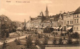 Kassa, Kosice; Fő utca, szőkőkút, Jassik Lajos üzlete, Szigfried Pál cukrászdája, László Béla kiadása / main square, fountain, shop, confectionery