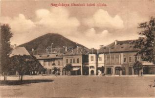 Nagybánya, Baia Mare; Főtér, Kindris, Herskovits, Rosenfeld és Mandl, Platthy üzletei, Kovács Gyula kiadása / main square, shops (fa)