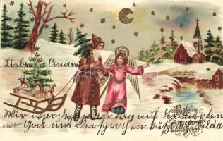 Boldog Karácsonyi Ünnepeket / Santa Claus, angel, Christmas greeting card, golden Emb. litho
