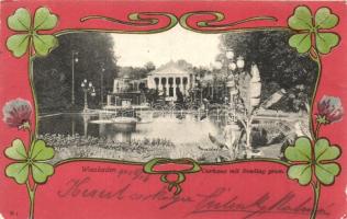 Wiesbaden, Curhaus mit Bowling green / spa, clovers, Art Nouveau litho art postcard. Carl von d. Boogaart (EB)