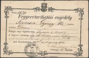 1862 Fegyvertarthatási / fegyvertartási engedély dornói ispán részére 72kr illetékbélyeggel / 1862 Gun licence for Burgenland village officer