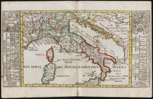 cca 1700  Olaszország térképe. Színezett, díszes kartusú rézmetszet. Megjelent: Johann Hofmann Atlas Curieux oder neuer und Compendieuser Atlas. (Augsburg, 1700). Méret: 29x20 cm / cca 1700 Map of  Italy. Colored etching 31x20 cm