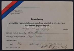 1939. Igazolvány a Felvidék visszacsatolásának emlékére alapított emlékérem viselésének jogosultságára.
