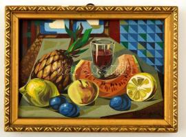 Vörös jelzéssel: Asztali csendélet. Olaj, karton, keretben, 13×19 cm