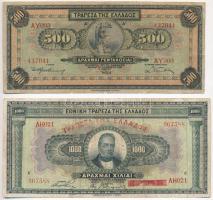 Görögország 1926. 1000D piros felülbélyegzéssel + 1932. 500D T:III,III- Greece 1926. 1000 Drachmai with red overprint + 1932. 500 Drachmai C:F,VG Krause 100.b, 102.a