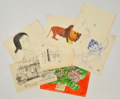 Hornyánszky hagyatéki pecséttel: gyerek rajzok ( 6db) Ceruza, akvarell, papír, 17×21-20×30 cm