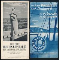 1930-1935 Két nyomtatvány Budapestről:  1930 Resuchet Budapest. Die Königin der Donau. Bp., 1930, Budapest Székesfőváros Nyomdája. Fekete-fehér fotókkal, német nyelven. 1935 Auf der Donau nach Budapest/ on the Danube to Budapest. Bp., Athenaeum. Fekete-fehér fotókkal, német és angol nyelven.