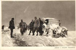 Az Érdekes Újság kiadása: Jelenet a kárpáti harcokból / Carpathians, winter, soldiers, automobile (vágott / cut)