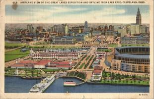 Cleveland, airplane view of the Great Lakes Exposition and skyline from Lake Erie (fa)