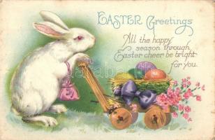Easter greetings, rabbit with eggs, litho, Angol nyelvű húsvéti üdvözlőlap, nyúl tojásokkal, litho