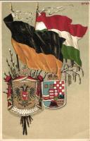 Osztrák-magyar címerek és zászlók / Austro-Hungarian coat of arms, flags. golden decorated litho (EK)