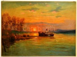 Ádler Mór (1826-1902): Baross gőzhajó a Balatonon. Olaj, vászon, jelzett, 73×100 cm