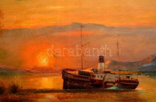 Ádler Mór (1826-1902): Baross gőzhajó a Balatonon. Olaj, vászon, jelzett, 73×100 cm
