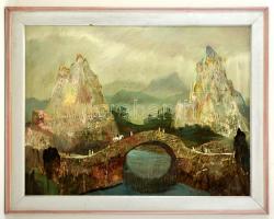 Molnár C. Pál (1894-1981): Église dans le montagne. Olaj, farost, jelzett, keretben, 44×58 cm